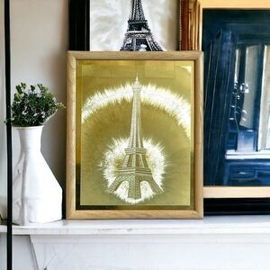 Vintage Art Golden Print Eiffel Tower Glass Wooden Frame Wall Decor Souvenir